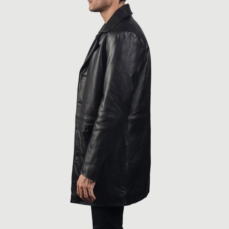 Mens Classmith Black Leather Coat Side Pose-3-1718118995507